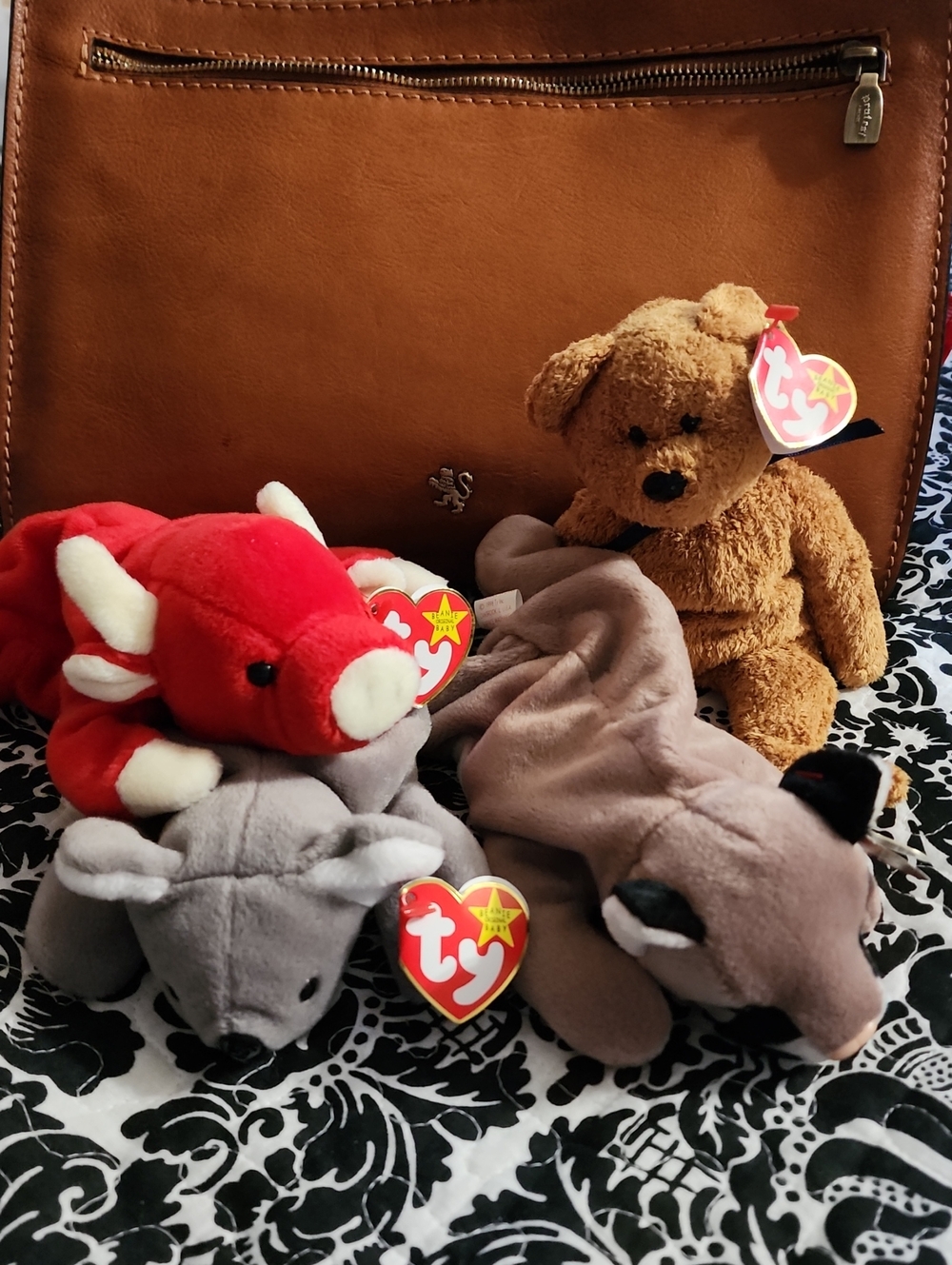 Ty Plush Set - Red Bull, Brown Bear, Gray Mouse, Tan Cougar